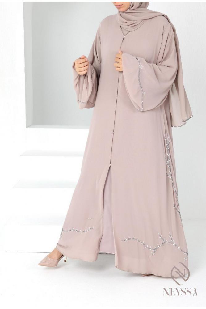 Abaya Dubai nude verziert mit Perlen ideal für Eid 2024