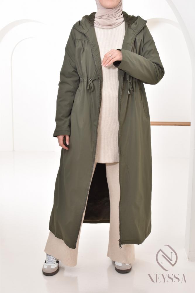 Khaki fur-lined long parka