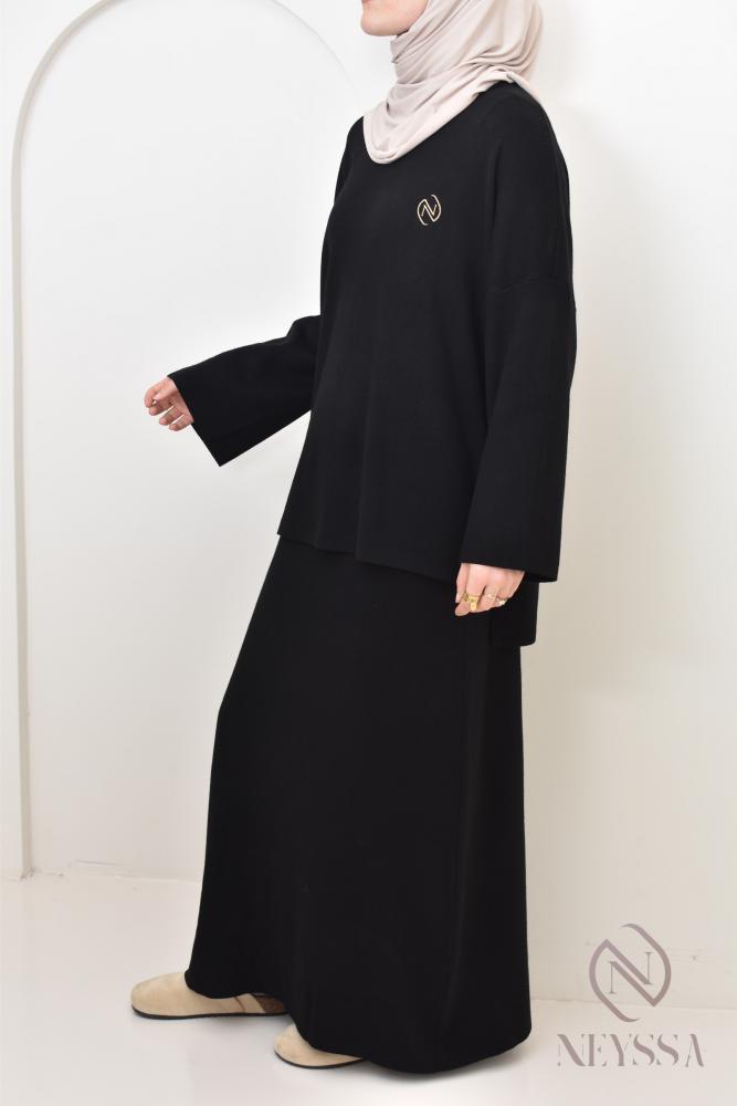 Ensemble tunique et jupe maille tissée Douceur Noir