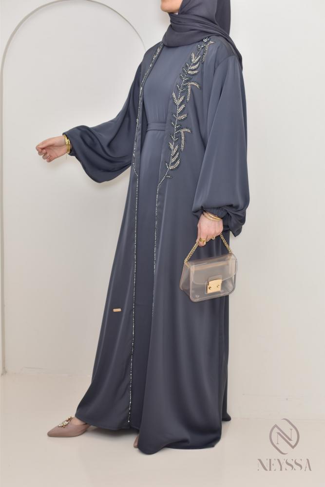 Abaya Dubaï kimono SALIMA Gris Bleuté