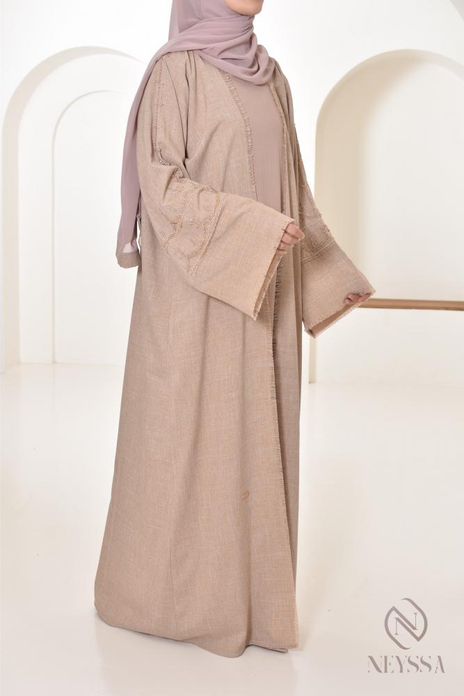 Abaya Dubaï kimono effet lin Fairouz Latté