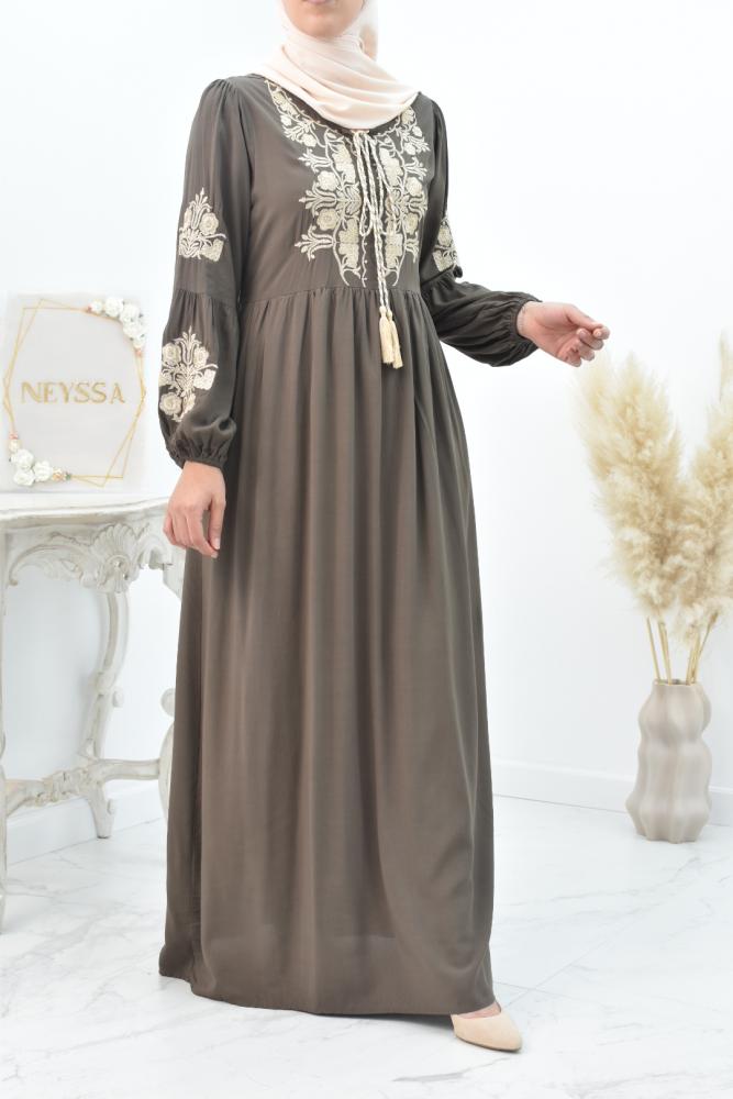 Khaki embroidered long dress Naîma