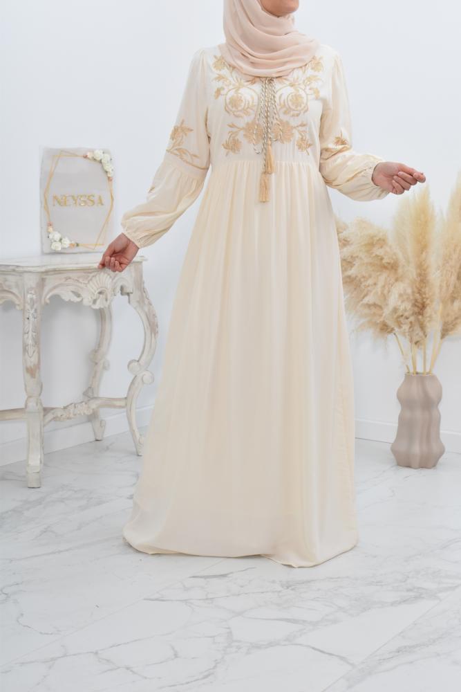 beige and Gold embroidered long dress Zoubeida