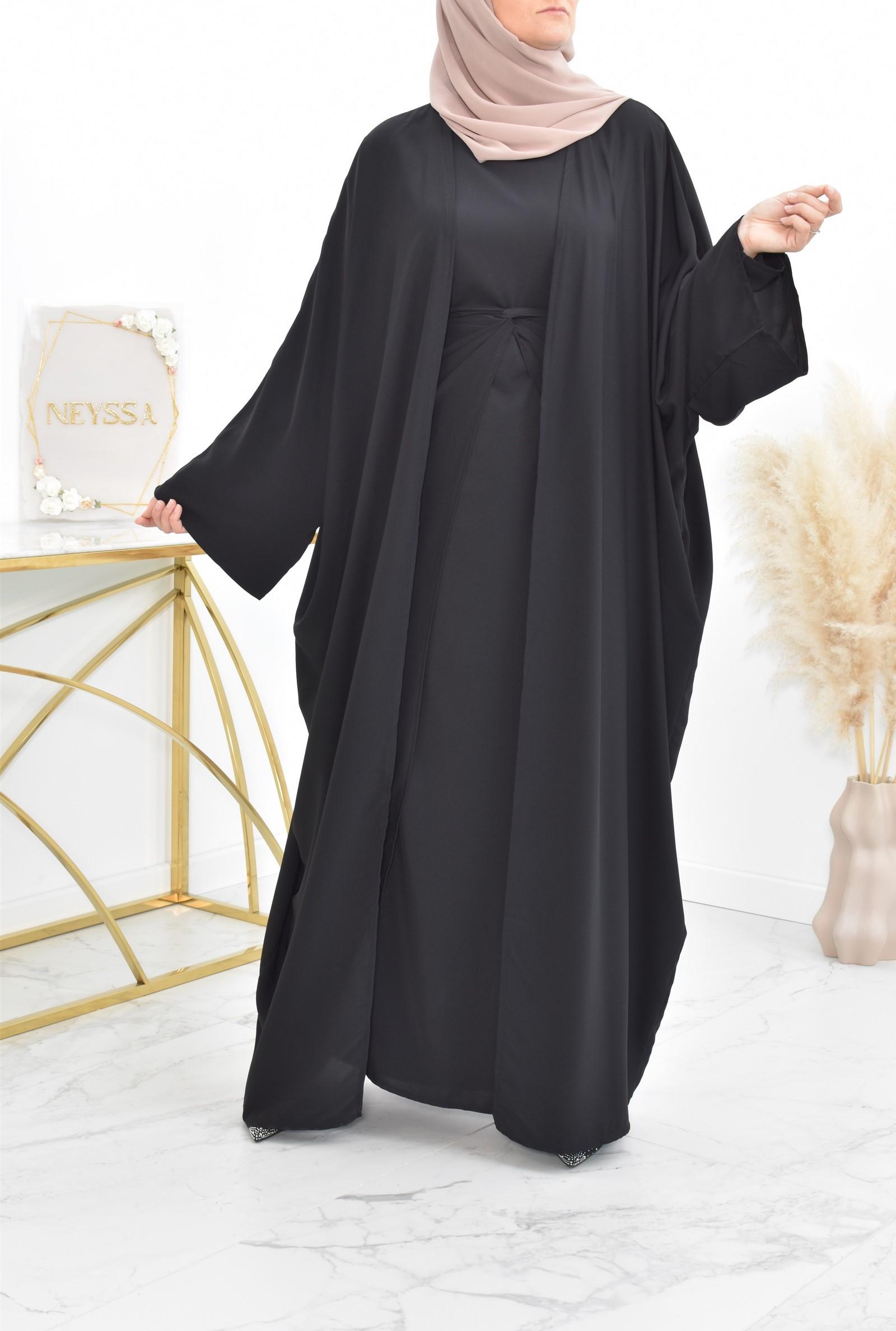 Abaya Kimono Avec Tablier Mastour Noire Masour Femme Musulmane