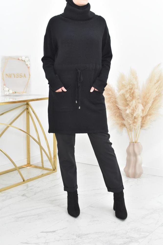  Tunika Pullover mit Taschen aus gewebter Masche