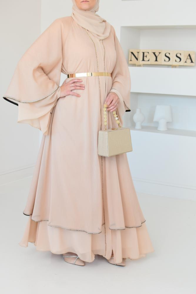 Abaya Dubai embroidered ruffles beige Eid Neyssa shop