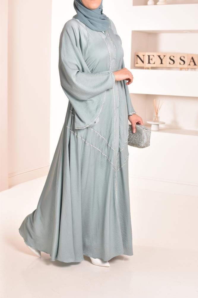 Abaya Dubai flared with rhinestones green water Neyssa shop