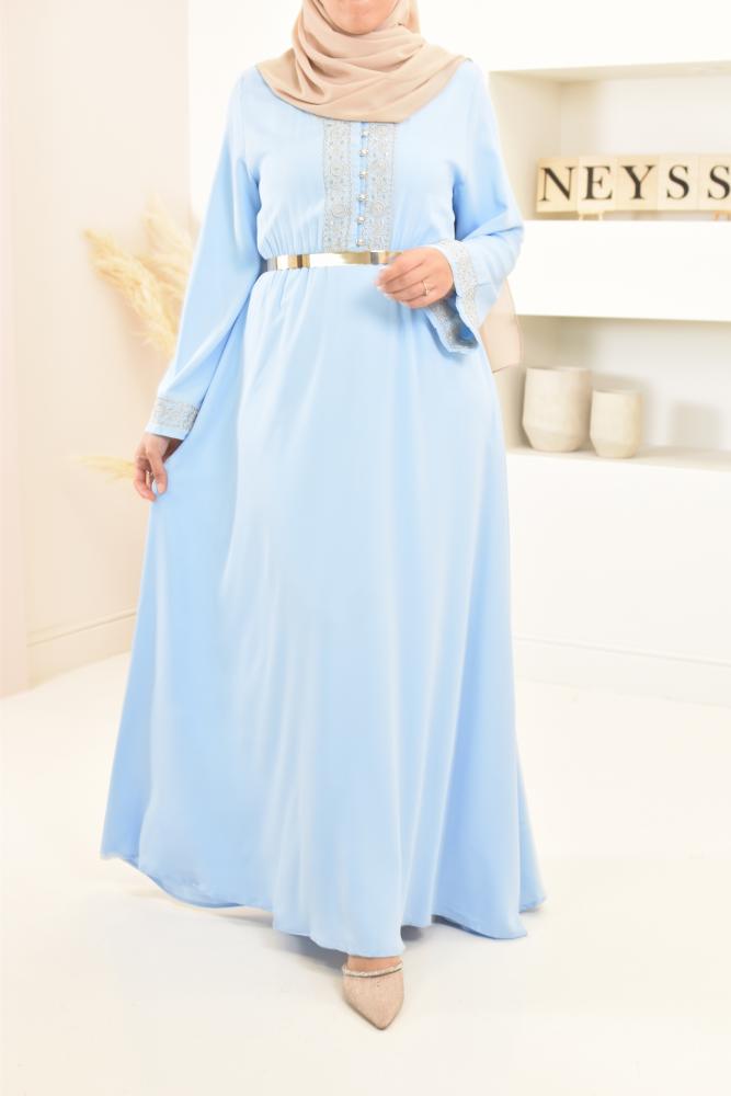 Ihssane blue embroidered flared maxi dress