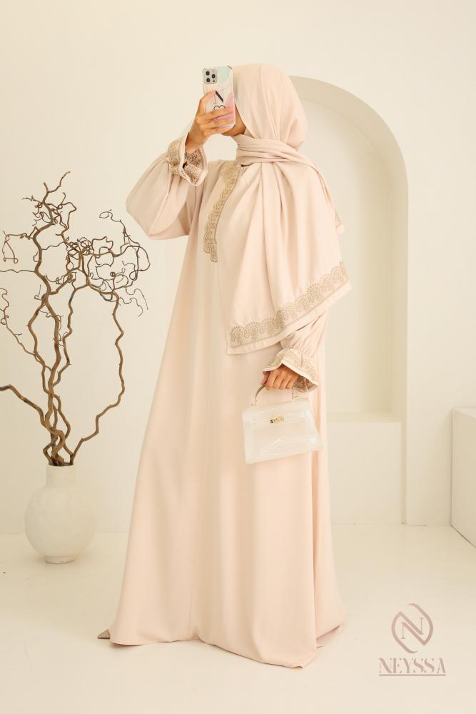 Abaya hijab integrated embroidered Mawazine Beige